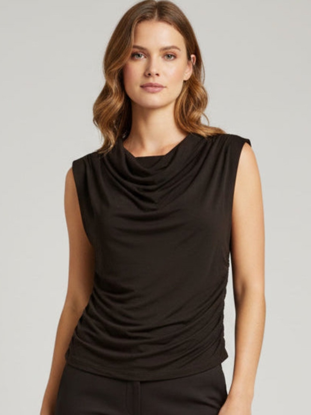 Zenana Black Double Layer Ruched Side Draped Cowl Neck Sleeveless Top - NWOT